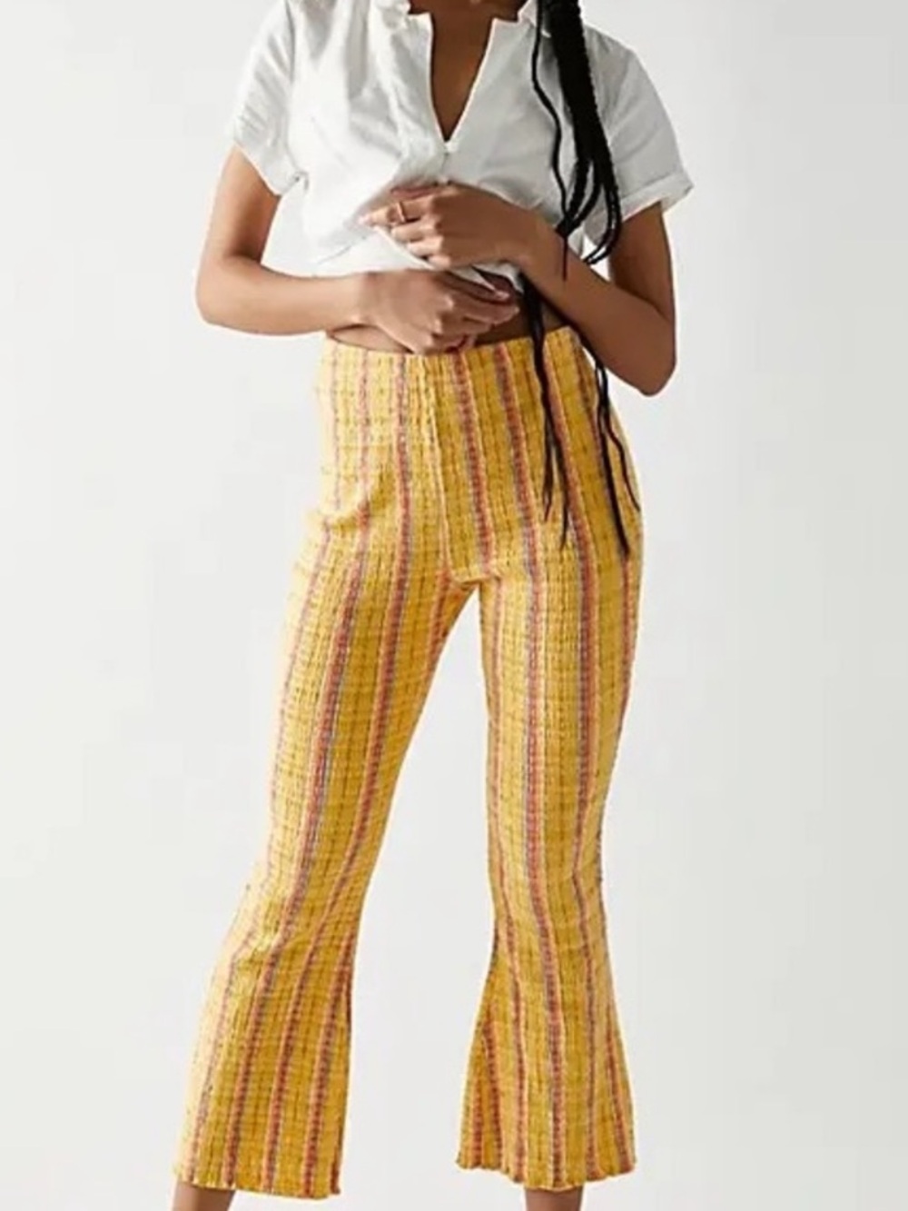 Free People Fine Line Slim Cropped Flare Pants XL Yellow Stripe Smocked Boho